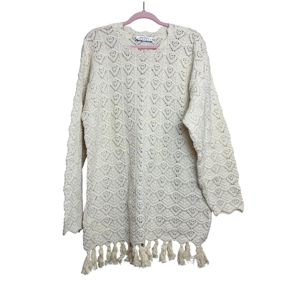 FORELLI Cream Crochet Lace Tassel Tunic Sweater Cottage‎ Granny FairyBoho XL